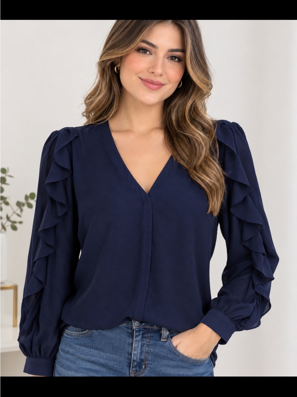 Worthington Royal Blue Ruffle-Sleeve V-Neck Blouse
